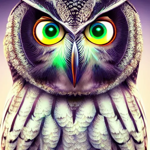 Prompt: wise owl with glowing disney eyes, realistic high detailed scales octane render, portrait, face symmetry, centered, anime style, disney character style green enlightened background