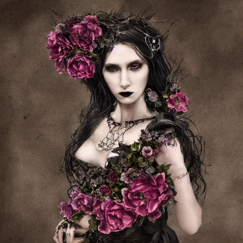 Image similar to A portrait of a Gothic goddess of floral jewels in an empty land, dark and mysterious, lively atmospheric, cinematic, 8k, 4k, ultra detail, ultra-realistic, rendered by DeviantArt