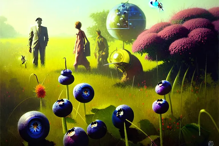 Prompt: surreal painting by craig mullins and greg rutkowski, garden flowers + blueberries + long grass + garden dwarfs!!! + giant mosquito, 7 0's vintage sci - fi flat design, cinematic