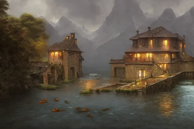 Image similar to a typical european house with a slate roof, submerged under the water of the acean, school of fishes, scenic view, matte painting by christophe vacher and hubert robert, trending on artstation