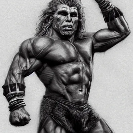 Image similar to amazing lifelike award winning pencil illustration of ultimate warrior trending on art station artgerm Greg rutkowski cinematic