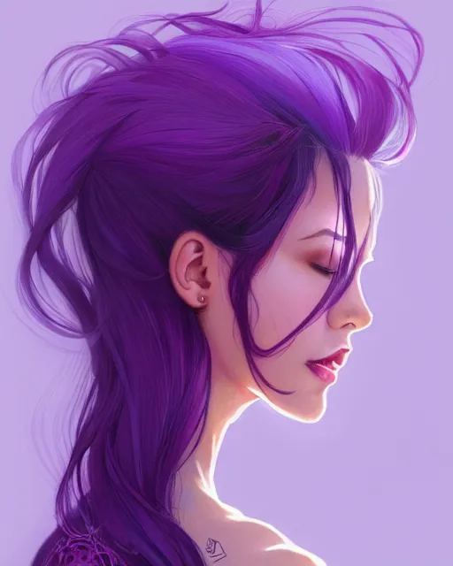 Image similar to Purple hair, creative colouring Portrait of woman face profile, fashion, coloured strands of hair, intricate, elegant, highly detailed, digital painting, artstation, concept art, smooth, sharp focus, illustration, art by artgerm and greg rutkowski and alphonse mucha, 8k