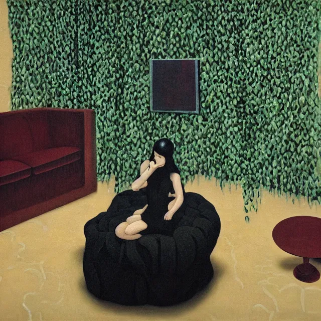 Image similar to a pathology student in her apartment, wrapped in vines, large stones, octopus, black walls, ikebana, black armchair, puddles, moss, acrylic on canvas, surrealist, by magritte and monet