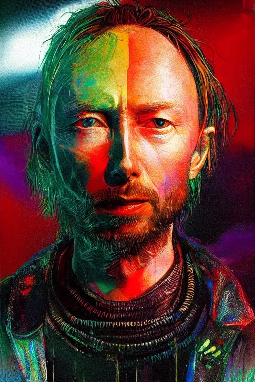 Image similar to A portrait of Thom Yorke as a cyberpunk, iridescent highlights, background of digital greebles, highly detailed, intricate, soft, sci-fi, sharp focus, glowing lines, art by Ruan Jia and Moebius