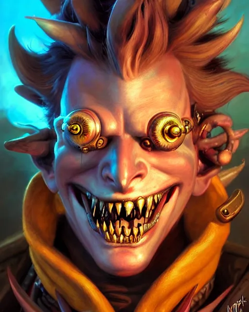 Image similar to junkrat from overwatch, slight smile, fantasy, fantasy art, fantasy, colorful, elegant, character portrait, portrait, close up, highly detailed, intricate detail, amazing detail, sharp focus, vintage fantasy art, vintage sci - fi art, radiant light, caustics, by boris vallejo