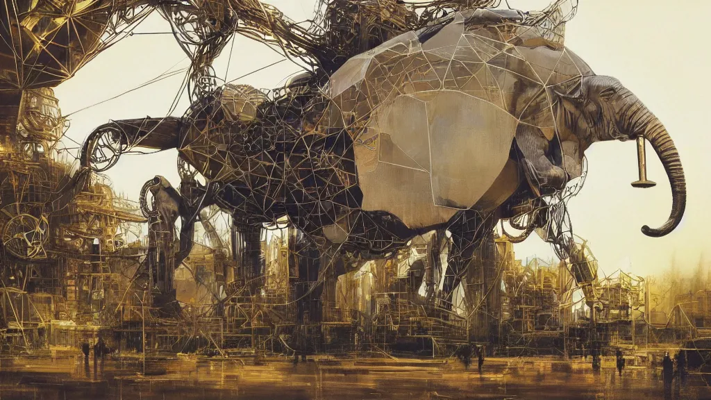 Image similar to giant elephant of sci fi metallic human melancholic complex geometric geodesic figure liminal machinery mechanica by oskar schlemmer, moebius, john berkey, film grain, oil on canvas featured on artstation, hd wallpaper, 4 k