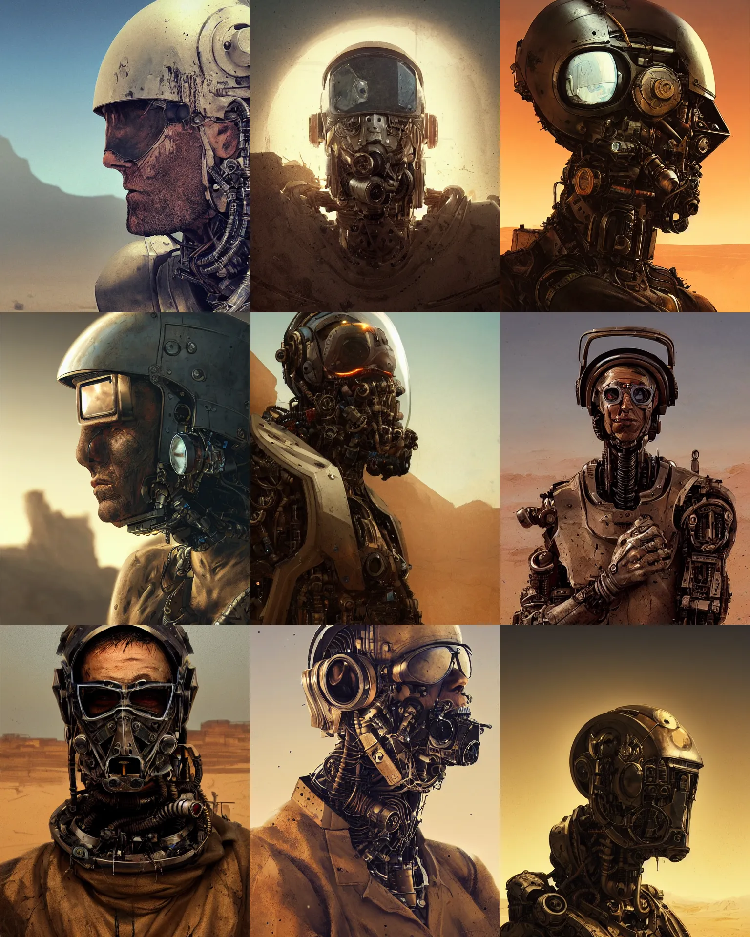 Prompt: a half - masked rugged engineer man with cybernetic enhancements lost in the desert, scifi character portrait by greg rutkowski, esuthio, craig mullins, 1 / 4 headshot, cinematic lighting, dystopian scifi gear, gloomy, profile picture, mechanical, half robot, implants, steampunk