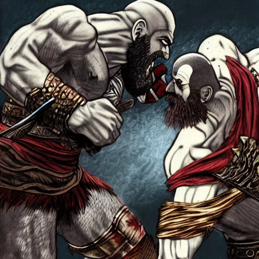 Image similar to god of war, kratos, fight scene still, manga, by kentaro miura