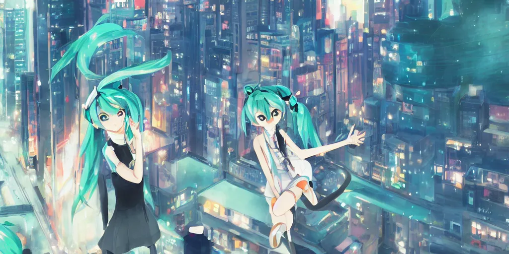 Prompt: hatsune miku in a city, digital art, gouache painting, anime, makoto shinkai