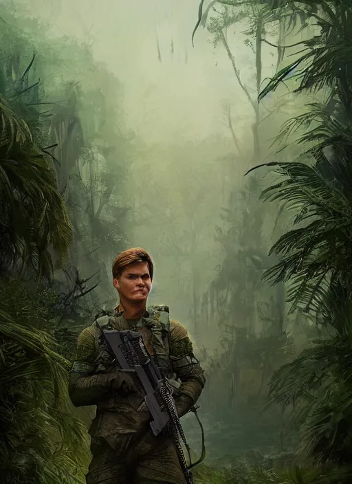 Image similar to portrait of a young richard dean anderson wearing a green combat uniform, in a post apocalyptic city overgrown by plants, by greg rutkowski, cover illustration, concept art, volumetric lighting, volumetric atmosphere, sharp focus, octane render, trending on artstation, 8 k