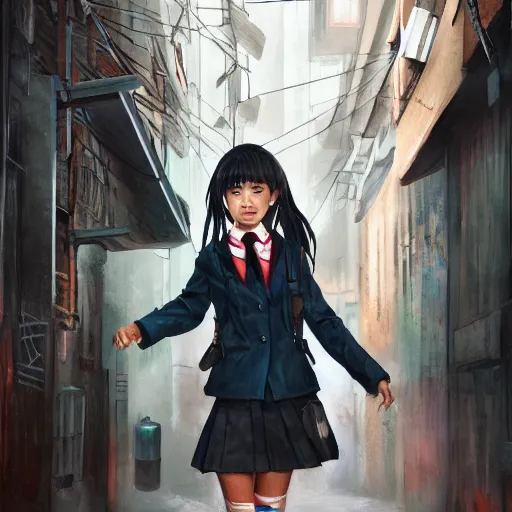 Prompt: a perfect, realistic professional gouache painting of a Japanese schoolgirl posing in a dystopian alleyway, style of Marvel, full length, by a professional American senior artist on ArtStation, a high-quality hollywood-style concept