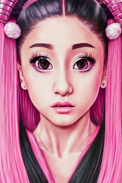 Image similar to highly detailed beautiful photo of a ariana grande as a young female samurai, practising sword stances, symmetrical face, beautiful eyes, pink hair, realistic anime art style, 8 k, award winning photo, pastels colours, action photography, 1 / 1 2 5 shutter speed, sunrise lighting