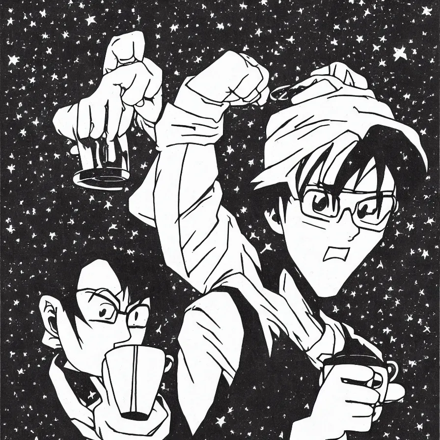 Image similar to manga portrait of a man drinking coffee akira toriyama, lineart, black and white, scifi, big clouds visible in the background, stars in the sky, high contrast, deep black tones