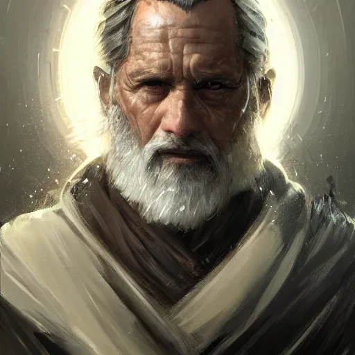 Image similar to portrait of a man by Greg Rutkowski, an old Jedi, arabian features, and olive skin, long black hair and beard, wise appearance, orange robes, Star Wars Expanded Universe, he is about 60 years old, highly detailed portrait, digital painting, artstation, concept art, smooth, sharp foccus ilustration, Artstation HQ
