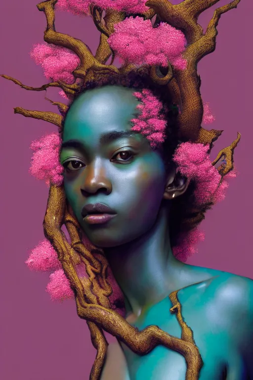 Prompt: hyperrealistic post - renaissance cinematic super expressive! yoruba goddess with exoskeleton armor, merging with tree in a forest, pink orange flowers, highly detailed concept art masterpiece, smooth cam de leon eric zener dramatic pearlescent soft teal light, ground angle hd 8 k, sharp focus