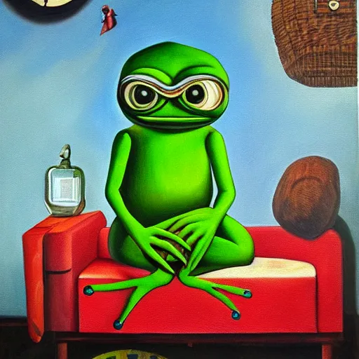 Image similar to pepe frog dream, oil on canvas, surrealism