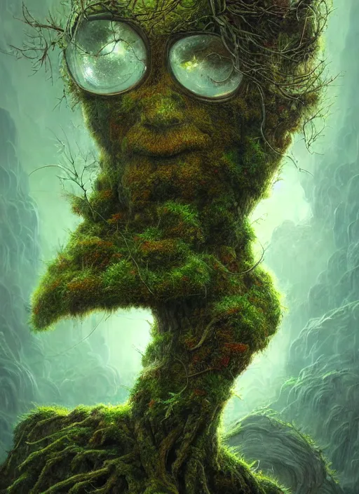 Image similar to Portrait of an Ancient Robot with a tree growing out of its head, patches of moss, translucent leaves, extremly detailed digital painting, in the style of Tomasz Alen Kopera and Fenghua Zhong and Peter Mohrbacher, mystical colors, rim light, beautiful lighting, 8k, stunning scene, raytracing, octane, trending on artstation