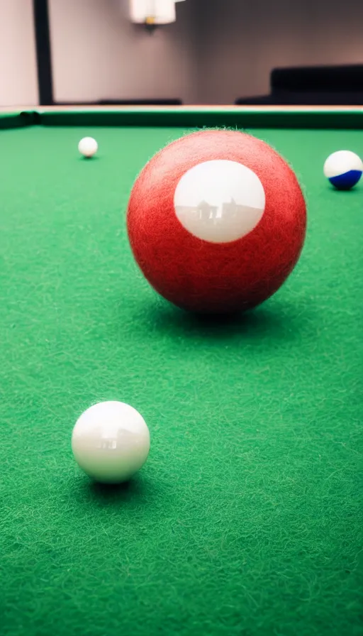 Image similar to close up ultra realistic billiard ball on green felt pool table with reflections ray tracing, ultra detail, low depth of field, 5 0 mm camera