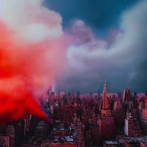 Image similar to dystopian, destroyed new york city, real, blue sky, smoke, red clouds, detailed, award winning, masterpiece, photograph, cinematic