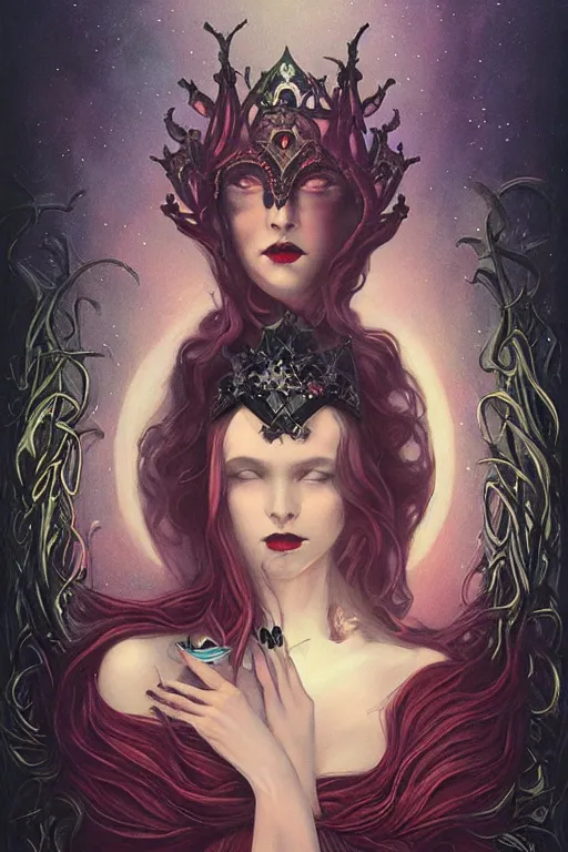 Image similar to jeweled Crown, other worldly, cruel and dark, art nouveau, by Anato Finnstark, Tom Bagshaw, Brom