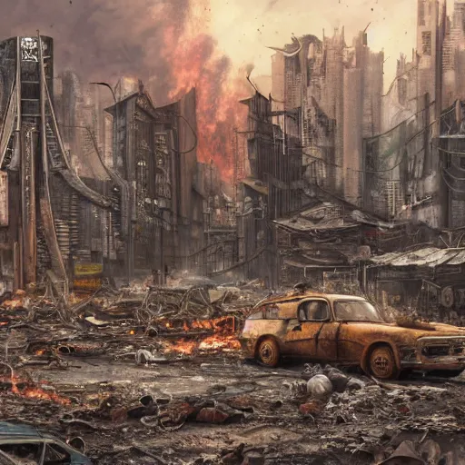 Image similar to hyperrealistic matte painting of a wasteland leftover from nuclear cataclysm, survivors cooking rats over a trashcan fire, intricate detail, complex, long street, cyberpunk buildings, graffiti, cyberpunk ads, 8 k resolution, technological, endless street, by hugh ferris, by noriyoshi ohrai, cyberpunk style, smooth, octane, concept art, trending on artstation