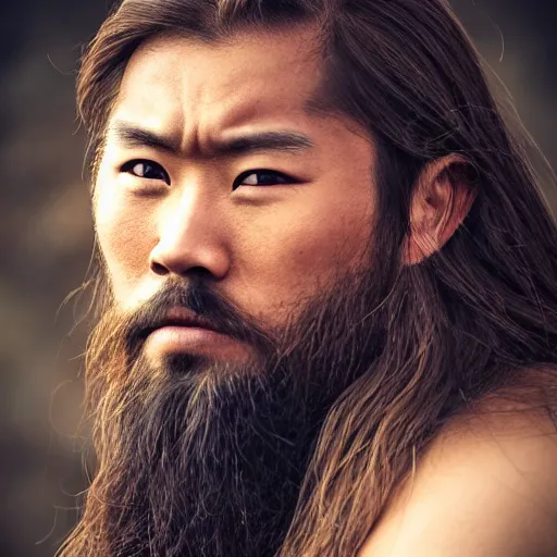 Prompt: hyperrealistic photograph of a brown-haired Japanese viking, 8k, profile picture, cinematic, high contrast, epic real fantasy, stoic facial expression, looking at the camera