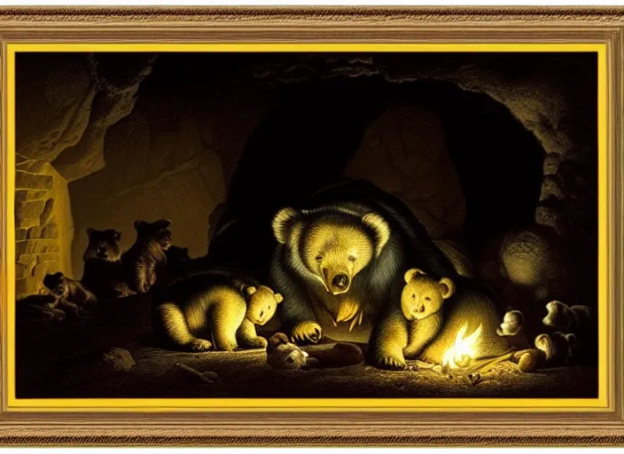 Prompt: Pieter Claesz's 'bear and her cubs sleeping in a dark cave lit by campfire', night time, cross hatching, framed