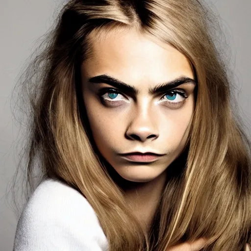 Image similar to photo of a gorgeous 20-year-old Cara Delevingne 1970s nerdy hairstyle by Mario Testino, detailed, head shot, award winning, Sony a7R -