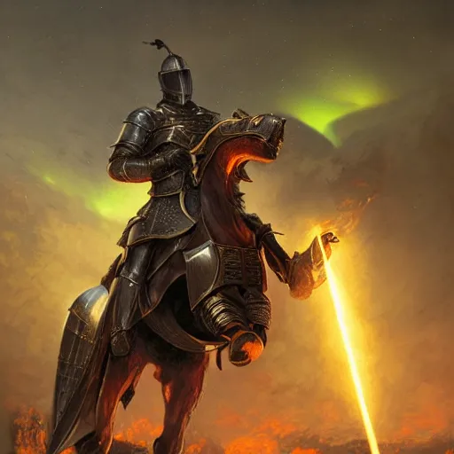 Prompt: knight mounted in a horser, wielding a greatsword of fire with electricity element, standing in frontal of a castle, castle realistic, big forest world fantasy hyperrealism, armor lightnings elemental hyperrealism, sky northern lights, hyperrealism by greg rutkowski hyperrealism n 4