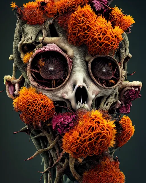 Prompt: a extremely disturbing horror photograph of a creature made out of rotten flowers and nature and fungus, intricate intertwining, hyperrealism, sharp focus, cinematography, highly detailed, octane render, horror cgi 4 k, matte, photograph by professional photographer