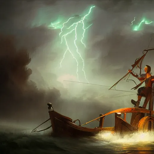 Image similar to a pirate with two wooden legs and two hook hands steering a wooden brigantine through a rain and lightning storm. first person deckhand pov, detailed dynamic light painting by peter mohrbacher