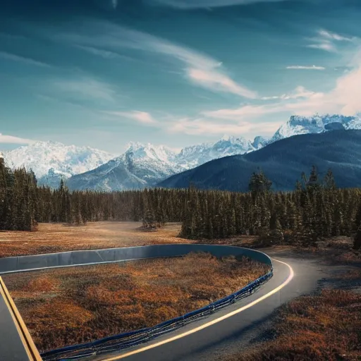 Prompt: an expansive view of a futuristic containment building with a road leading up to it in a forested valley and snow - capped mountains in the distance, national geographic, hyper realistic, 4 k, dusty light