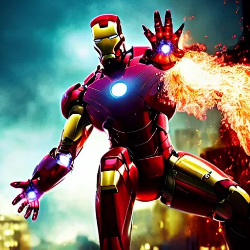 Image similar to < photo hd stunning reimagined mood = gritty gaze = camera > iron man shooting flames from his hands, burning city in the background < / photo >