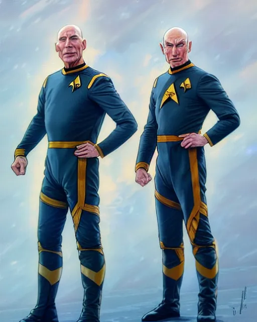 Prompt: Portrait of Jean Luc Picard & Kirk wearing spacesuits, real life skin, intricate, elegant, highly detailed, artstation, concept art, smooth, sharp focus, art by artgerm and greg rutkowski and alphonse mucha