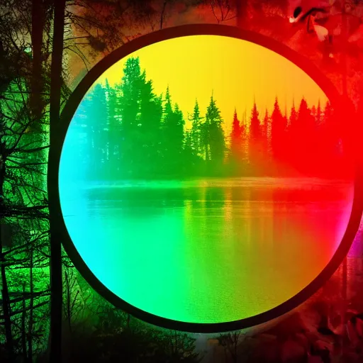 Image similar to rainbow neon sign half circle in water reflected on lake, misty mountains surrounded by beautiful forest, sunny summertime sunlit daylight, hdr, 4 k, award winning photography, volumetric lighting, artstation