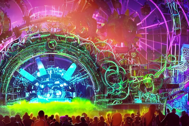 Image similar to an outdoor festival stage, big neon letters tripmachine, center of the stage is a big futuristic steampunk generator with gears and tubes, a rollercoaster wtih steamtrain over the stage, rock musicians on the stage, laser show, 8 k, fluorescent colors, halluzinogenic, multicolored, exaggerated detailed, unreal engine