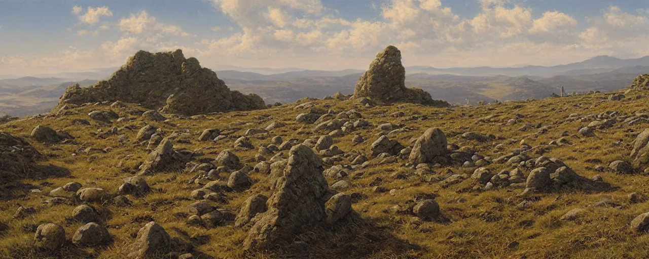 Image similar to a high hill landscape with a circle of four large stones like fingers on the top, by ted nasmith