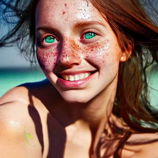 Image similar to portrait of a cute thin young woman, bronze brown hair, eye color is emerald green, red blush, cute freckles, smug smile, modern clothes, relaxing on the beach, golden hour, close up shot, 8 k, art by irakli nadar, hyperrealism, hyperdetailed, ultra realistic