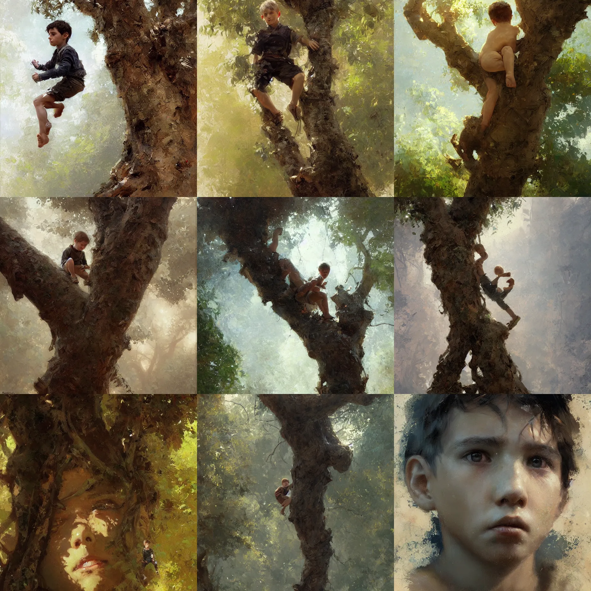 Prompt: digital art portrait painting of a young boy climbing a tree painted by craig mullins and gaston bussiere and greg rutkowski, symmetrical facial features, symmetrical face, defined facial features, beautiful face, dramatic lighting