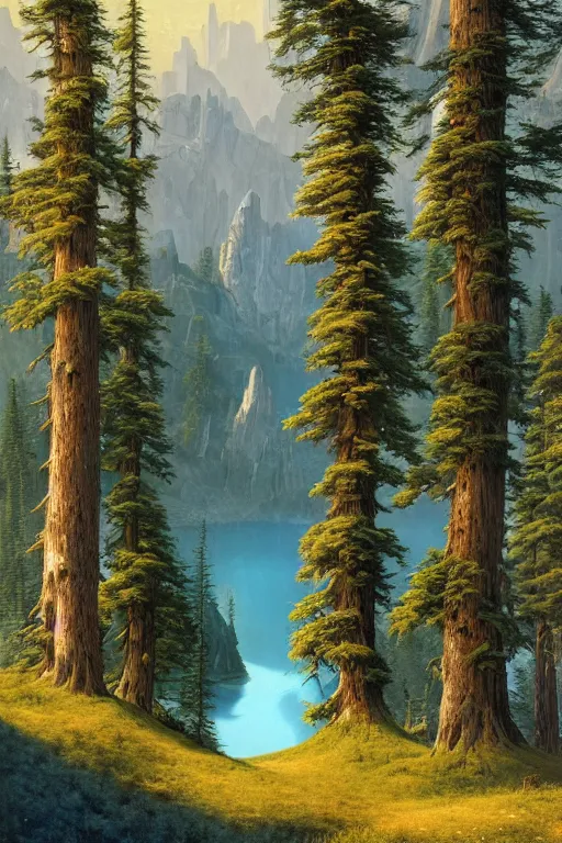 Prompt: painting of dolomites landscape with a blue lake and a dense pines forest, a detailed matte painting by christophe vacher, matte painting, ultra detailed, matte drawing