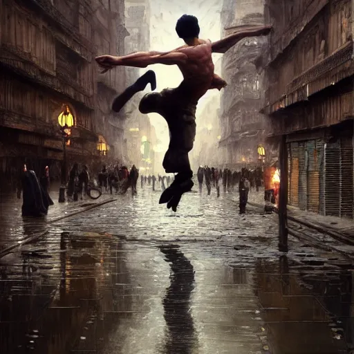 Image similar to a highly detailed epic cinematic concept art CG render digital painting artwork inspired by Henri Cartier-Bresson's Behind the Gare Saint-Lazare, man jumping over a puddle of water. By Greg Rutkowski, Ilya Kuvshinov, WLOP, Stanley Artgerm Lau, Ruan Jia and Fenghua Zhong, trending on ArtStation, made in Maya, Blender and Photoshop, octane render, excellent composition, cinematic atmosphere, dynamic dramatic cinematic lighting, aesthetic, very inspirational, arthouse