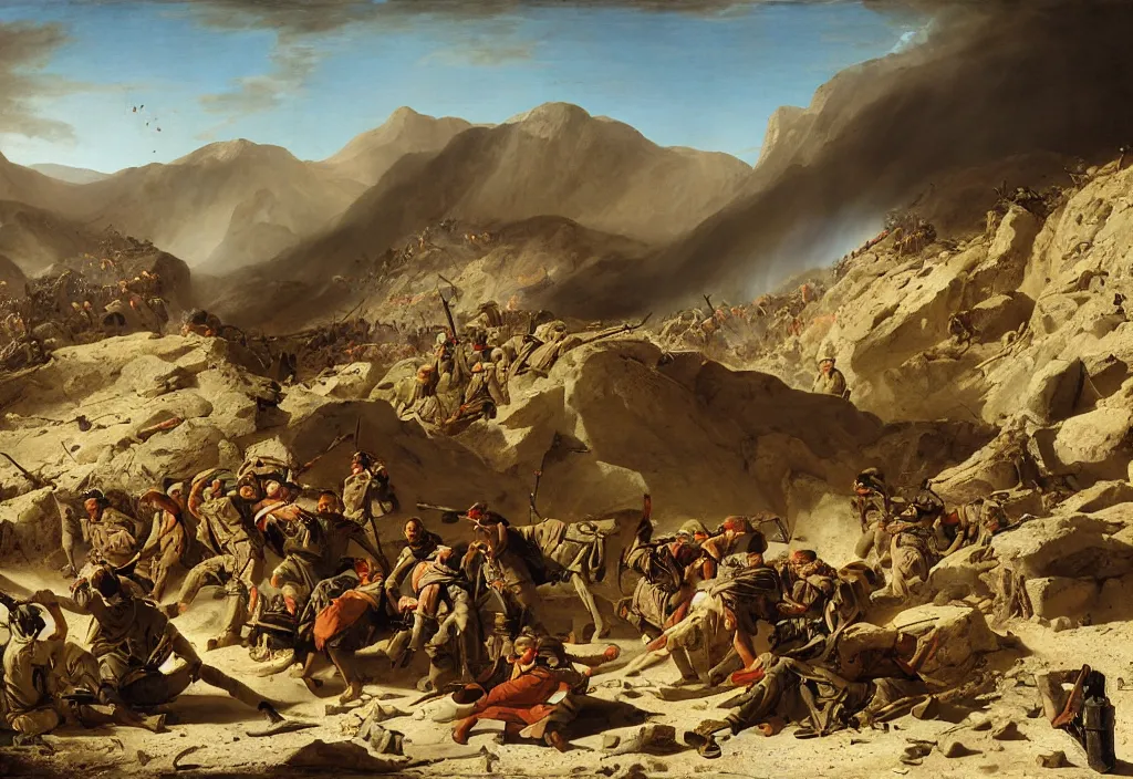 Image similar to afghanistan war by jacques - louis david, desert, us army, battlefield, helicopters firing, bombs