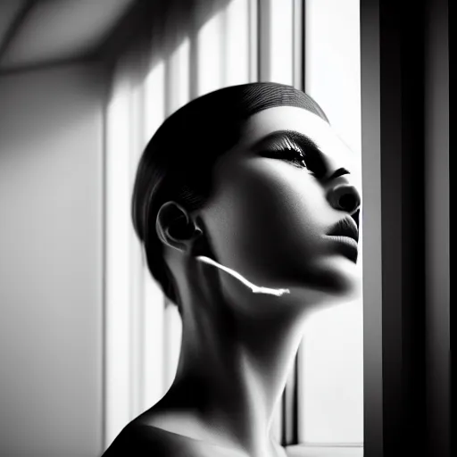 Image similar to black and white fashion photography of highly detailed beautiful depressed Woman with beautiful face, beautiful eyes and beautiful lips in the heroine chique style standing by the window and smoking a cigarette with beautiful hand Rendered in Blender and Octane Render volumetric natural light