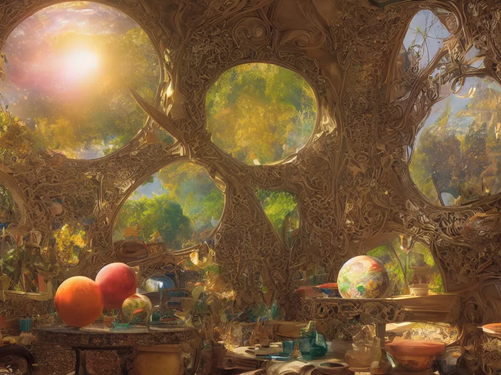 Image similar to 3 d render, sunlight study, the universe is a spheroid region 7 0 5 meters in diameter, art nouveau, by jan davidz de heem and ( ( ( ( ( lisa frank ) ) ) ) ), 8 k, sharp focus, octane render