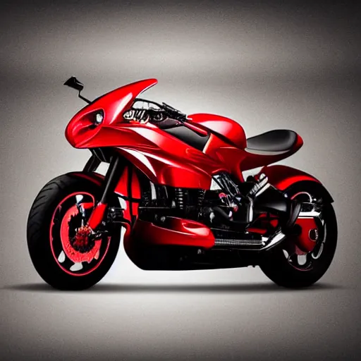 Image similar to a fantasy red glossy modern motorbike with jet engine, exposing internal engine, wide angle lens, photo studio hard light,photostock, istock