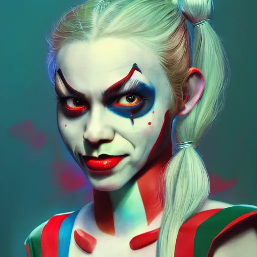 Image similar to Harley Quinn as a beautiful young ape kid with long pony tails on either side of her head, illustration, comic, by James Jean, artgerm, octane render, by John Coltrane and Marc Simonetti, kinemacolor, colorful, high detail of the face, full body