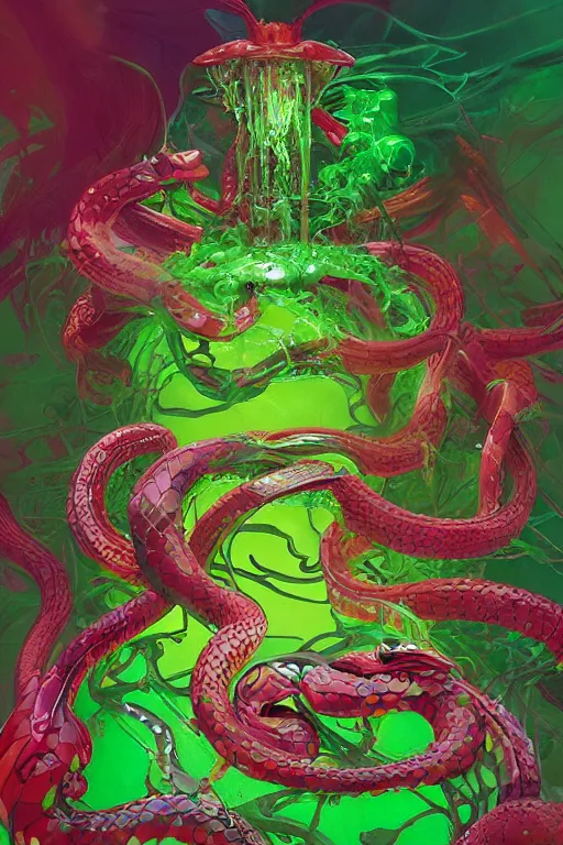 Image similar to epic 3 d oxumare, liquid hands and feet spinning, 2 0 mm, with green and pink vines melting smoothly into asymmetrical snakes and rainbows, liquid, delicate, intricate, houdini sidefx, trending on artstation, by jeremy mann and ilya kuvshinov, jamie hewlett and ayami kojima