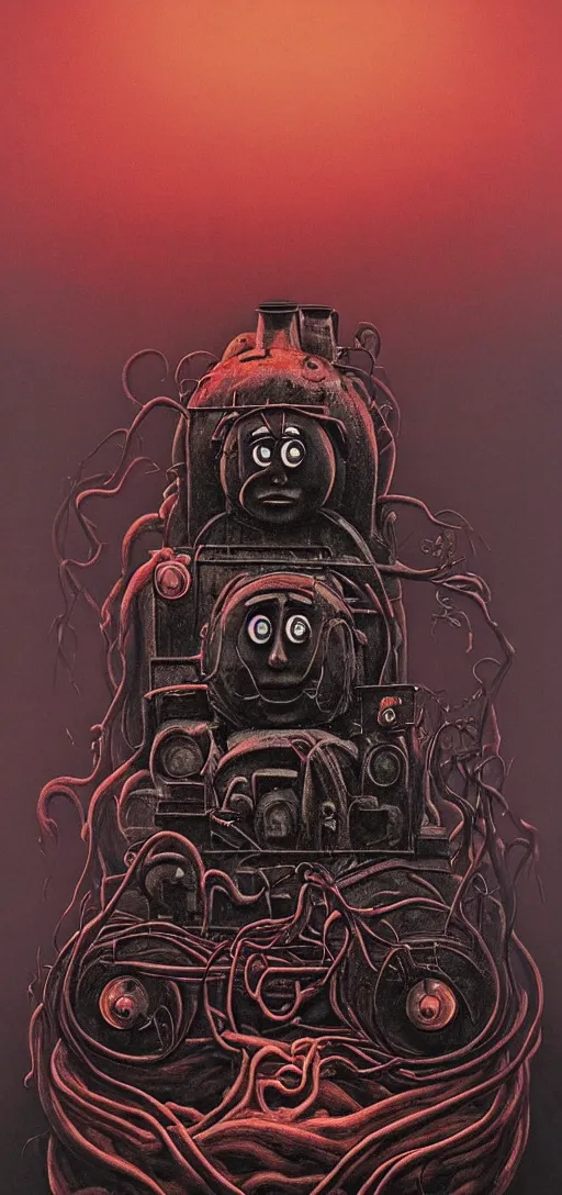 Image similar to thomas the tank engine in style of zdzisław beksinski, extremely dramatic lighting, 8 k, tendrils, black, darkness, black slime tendrils, infected, rust, body horror, thomas the train, thomas the tank engine face, horror,