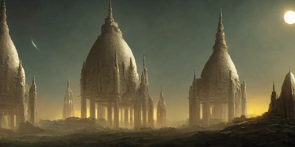 Prompt: an ancient city of alien buildings, asymmetrical spires, domes, and blobs. science fiction. night. two moons. cinematic lighting, canvas, digital painting, artstation, by Vsevolod Ivanov, Albert Bierstadt
