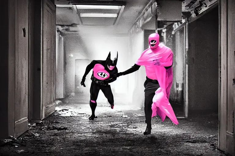 Image similar to batman wearing pink apron wielding an axe, chasing through old brown decrepit hallway, running toward camera, creepy smile, atmospheric eerie lighting, dim lighting, bodycam footage, motion blur, photograph